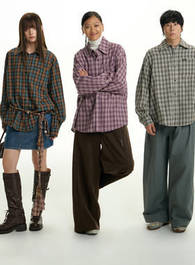 TGNS美式复古紫色格子衬衫男生春季休闲格纹长袖衬衣宽松情侣外套