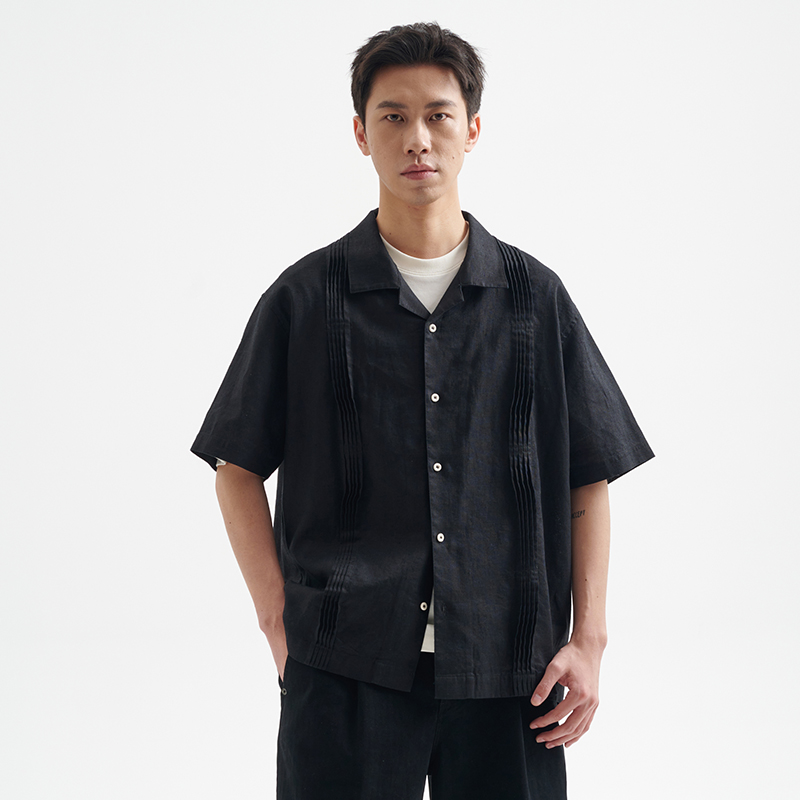 BUTTBILL 25SS苎麻混纺古巴领风琴褶日系复古短袖衬衫宽松男夏季