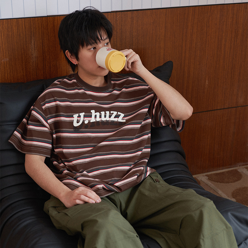 UHUZZ宽松条纹字母印花短袖T恤潮