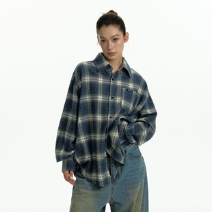 TGNS磨毛格子衬衫女秋季美式复古上衣男宽松休闲格纹衬衣情侣外套