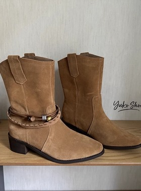 于文文同款~牛皮波西流浪靴！两穿气质真松弛西部靴尖头高跟短靴