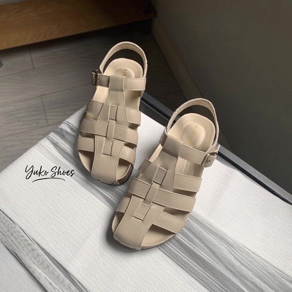 亏清！松弛感包头鞋～好看夏魔术贴罗马凉鞋牛皮复古镂空女休闲鞋