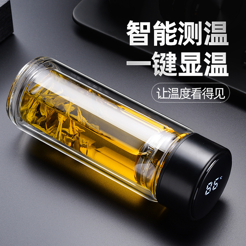 【智能显温】加厚双层玻璃杯透明温度水杯子支持定做LOGO定制广告
