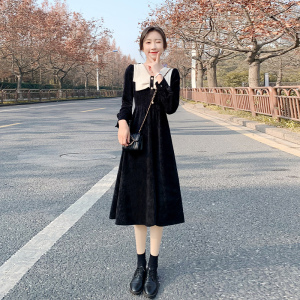 法式赫本黑色金丝绒连衣裙女秋2023新款长袖气质收腰显瘦a字裙子