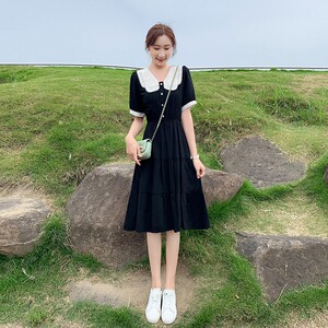 赫本风小个子黑色连衣裙女夏2024新款娃娃领气质显瘦雪纺a字裙子