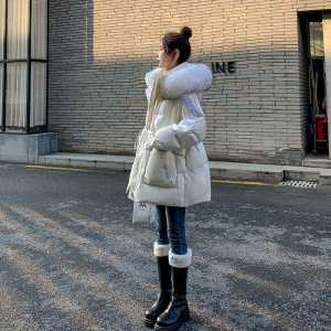 白色加厚中长款羽绒服女冬季2024新款时尚气质小个子连帽收腰外套