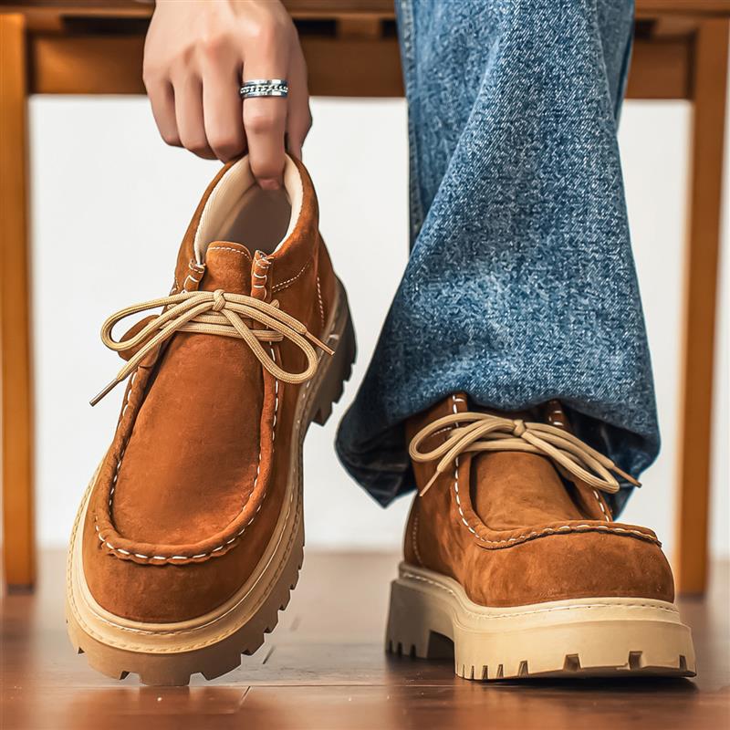 高帮男鞋冬季翻毛皮休闲工装皮鞋2025新款厚底英伦复古勃肯马丁靴