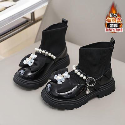 女童小皮鞋冬季2024新款加绒儿童黑色棉鞋中大童蝴蝶结女孩公主鞋