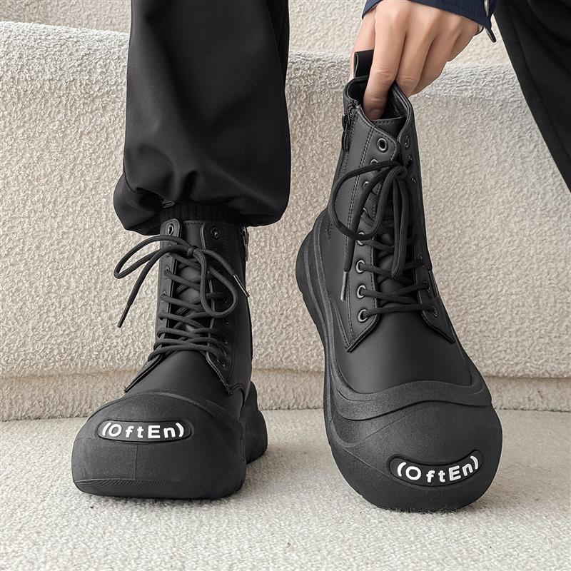 高帮男鞋秋冬季潮流黑色工装机车马丁靴男款休闲运动厚底皮面板鞋