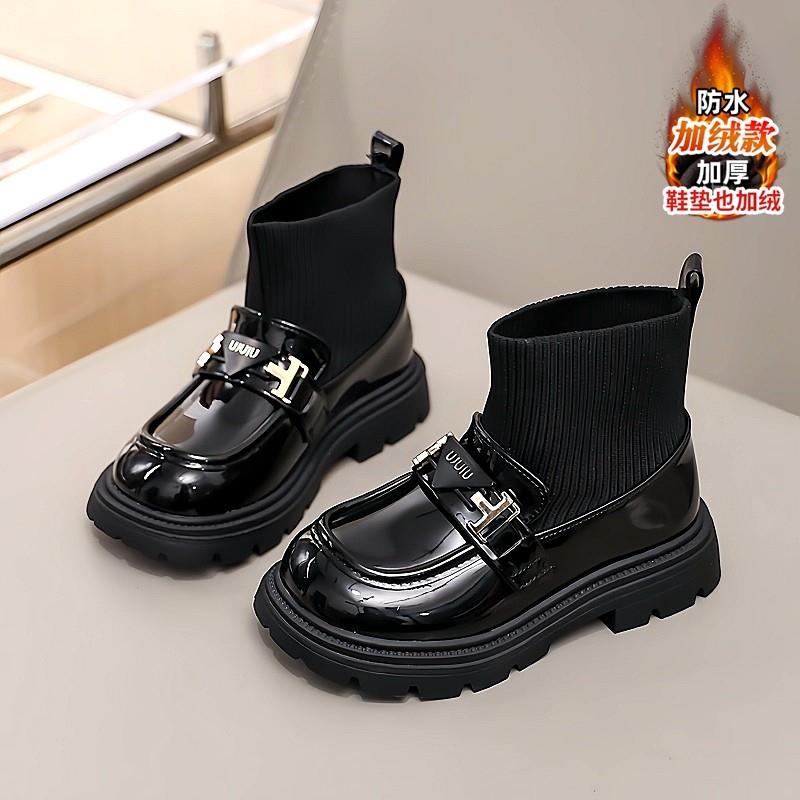 女童小皮鞋冬季2024新款英伦风儿童公主袜子鞋中大童加绒女孩棉鞋