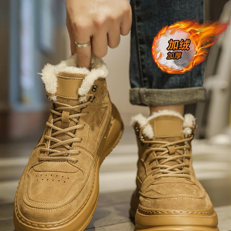 高帮男鞋冬季加绒保暖青少年英伦真皮马丁靴皮毛一体防寒工装棉鞋