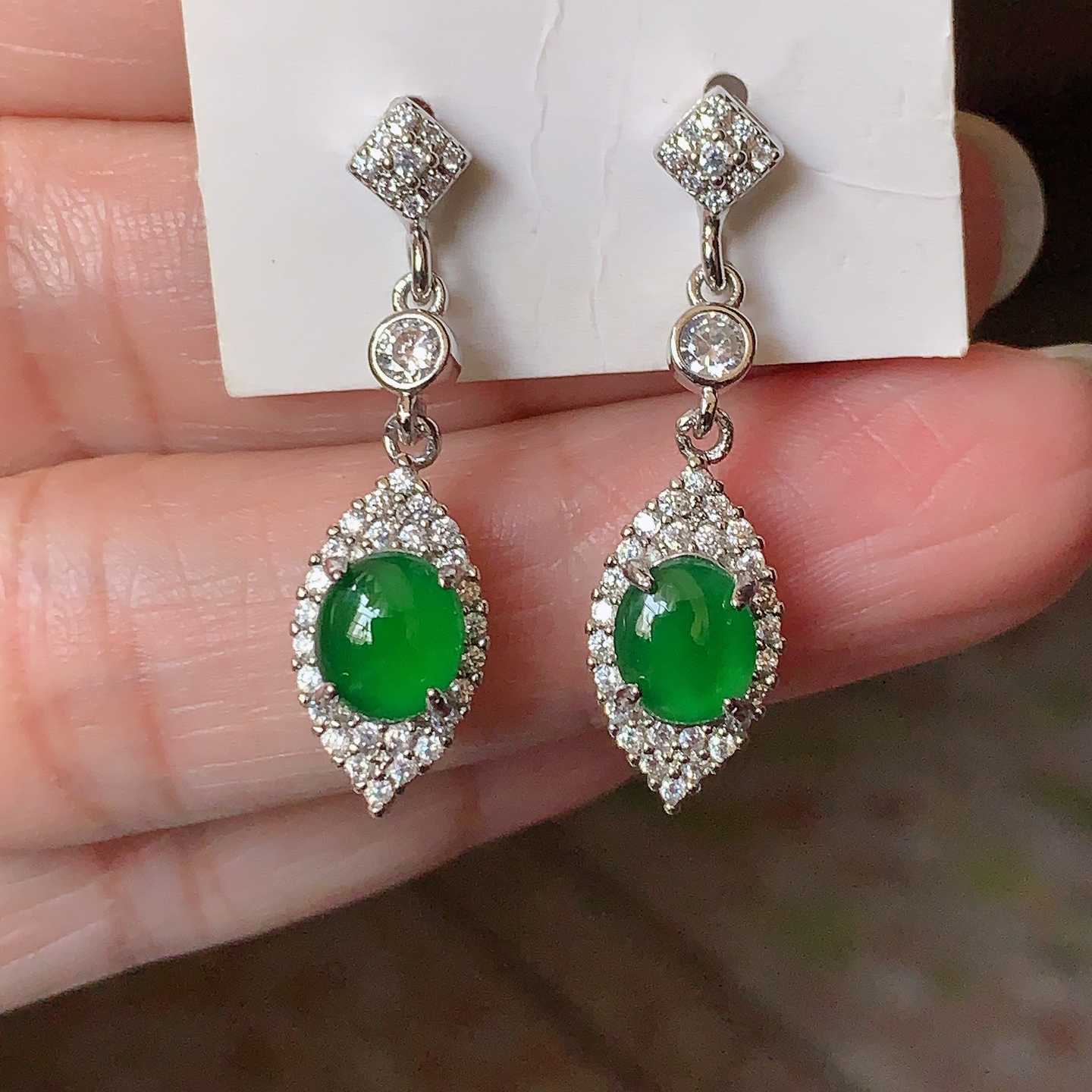 翠都翡翠珠宝天然A货镶嵌耳饰冰种925银辣绿耳钉一对300435