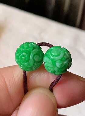 翠都翡翠珠宝天然A货玉佩挂坠小吊坠项坠阳绿雕花圆珠一对800194