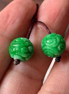 翠都翡翠珠宝天然翡翠A货耳饰小吊坠项坠阳绿精雕圆珠一对800190