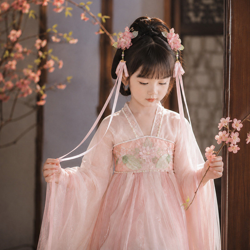 古风汉服女童古装裙粉色长飘带发夹绢花仿真花对夹丝带蝴蝶结边夹