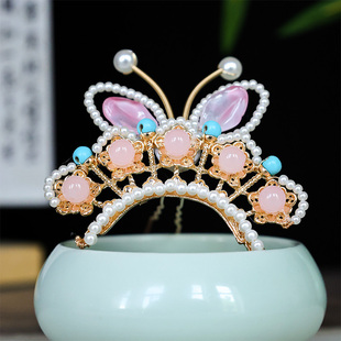 唐风明制发冠古风汉服超仙温柔气质头饰粉色蝴蝶发钗掩鬓小钗头饰