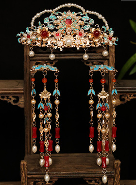 明制婚嫁烧蓝头饰发冠国风凤冠古风汉服宋制过年发饰红色发钗配饰