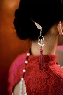 新娘晨袍发饰订亲结婚红流苏发簪古风汉服旗袍国潮风明制发钗头饰