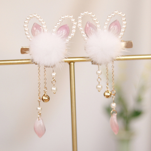 古风毛绒球对夹饰品儿童小兔子耳朵流苏发夹超仙秋冬边夹头饰品