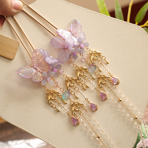 清新花朵蝴蝶流苏发钗