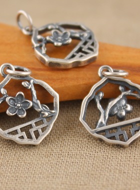 S925纯银花开满窗吊坠挂件 泰银复古工艺 DIY手工饰品挂饰 小福女