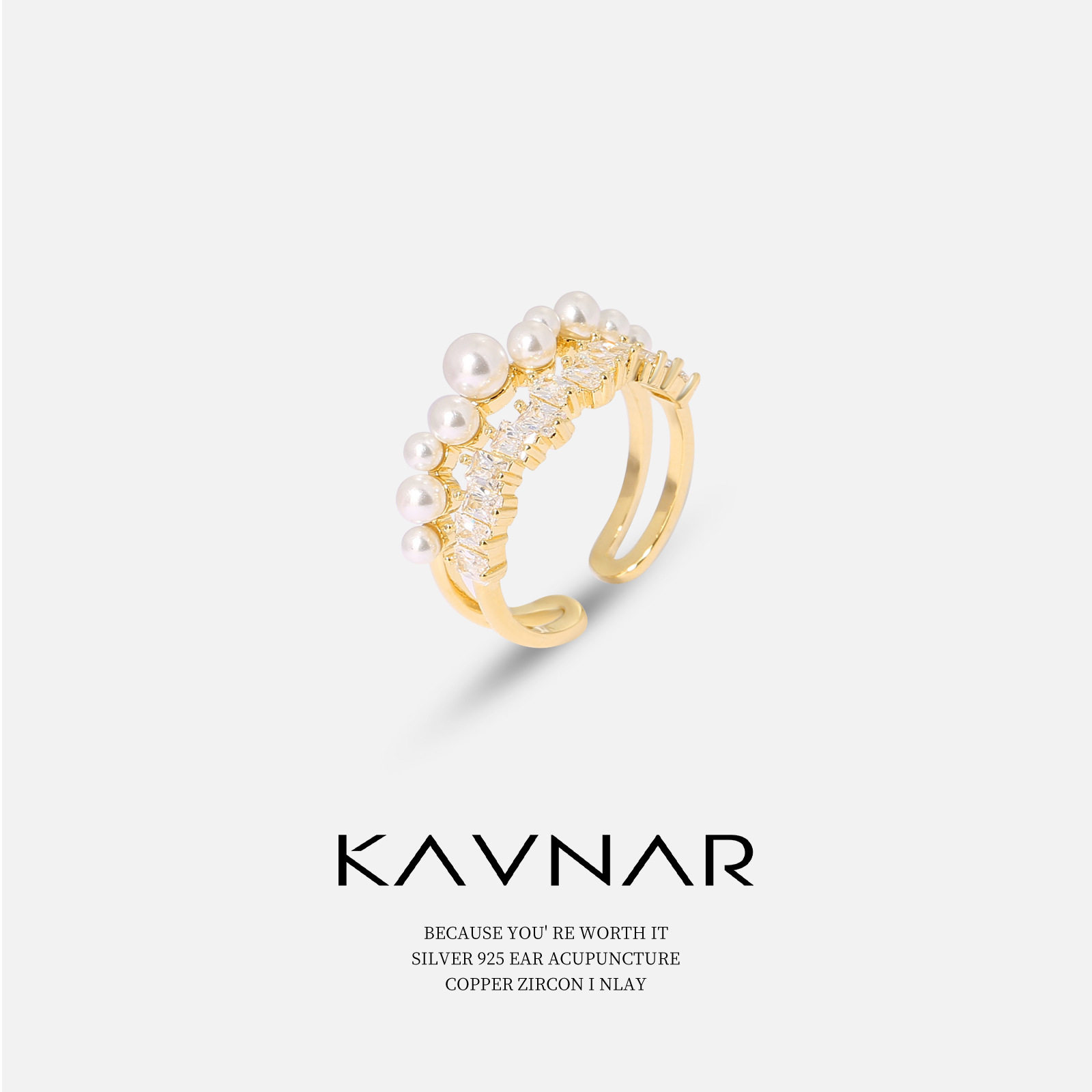 双层波浪方块锆石珍珠可调节开口指环气质戒指女高级轻奢食指戒