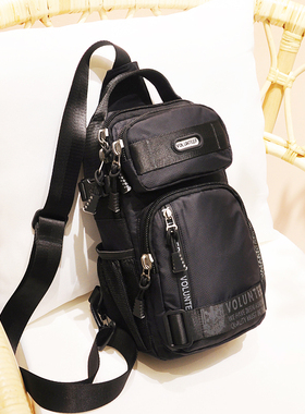 男士斜挎包大胸包11寸iPad斜背包多口袋黑色休闲单肩旅行包手提包