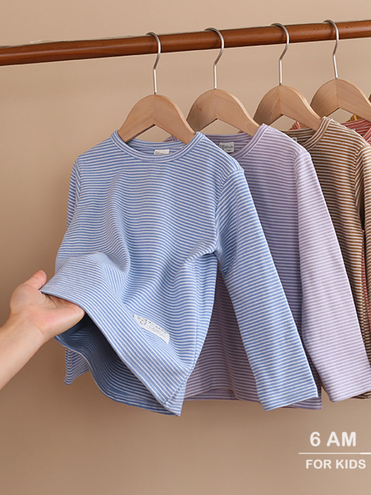 남성과 여성의 가을 겨울 온열 독일 벨벳 속옷 중대형 아동용 라운드 넥 스트라이프 바닥에 꼭 맞는 기모 따뜻한 가을 옷