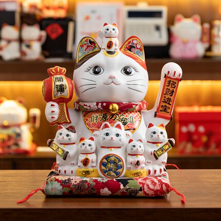 精致摇手招财猫摆件 中号特大号电动睁眼发财猫居家装饰商铺开业