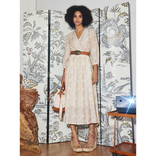 秘密盒子清雅淡彩 绉感肌理晕染印花经典法式围裹V领高腰连衣裙