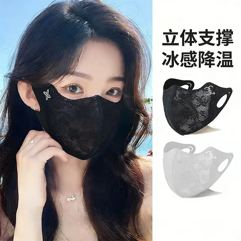 蕾丝防晒口罩女户外防热晒夏季高颜值护眼角冰丝薄款遮阳面纱罩
