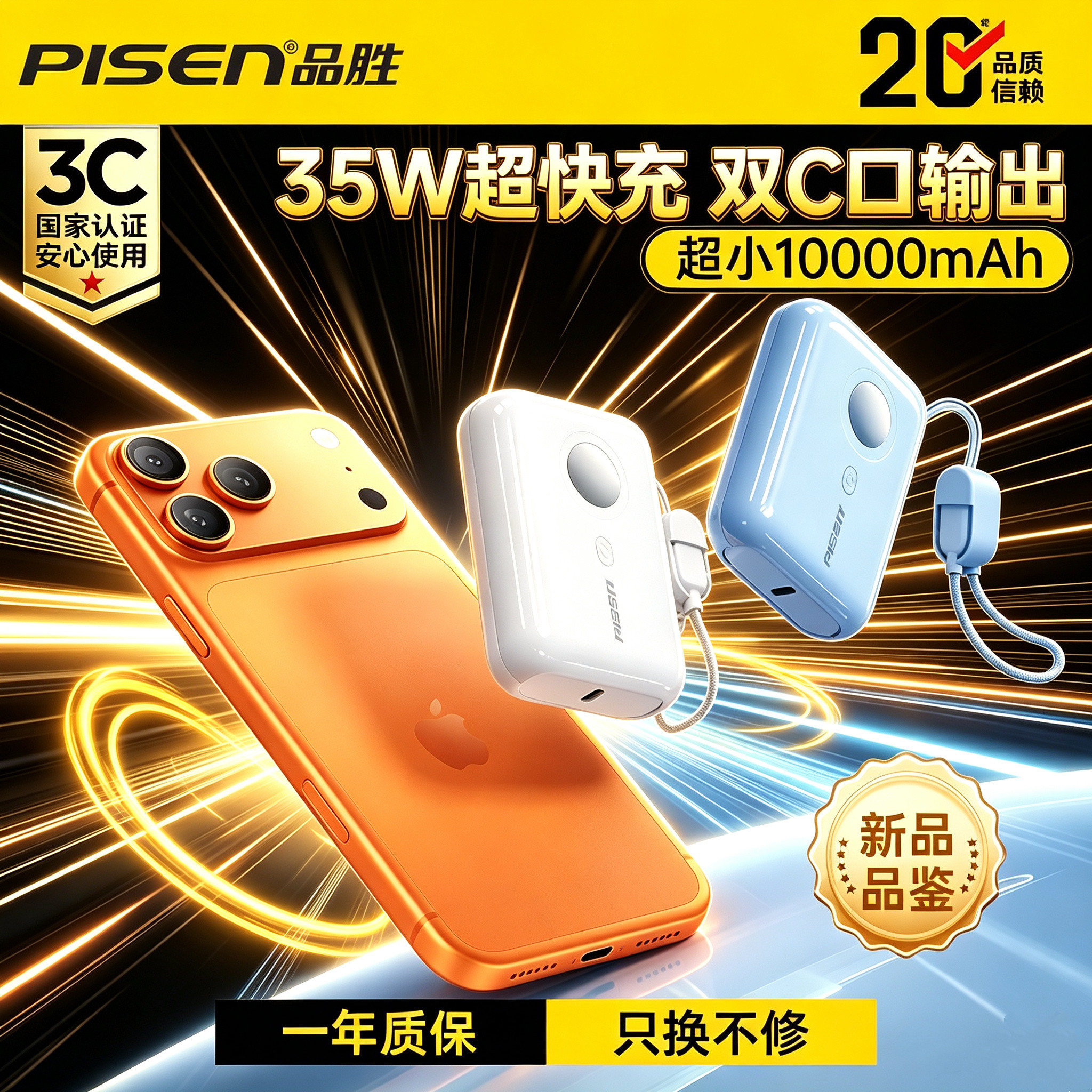 品胜充电宝3C认证小巧便携35W超级快充带双C线适用苹果17小米华为