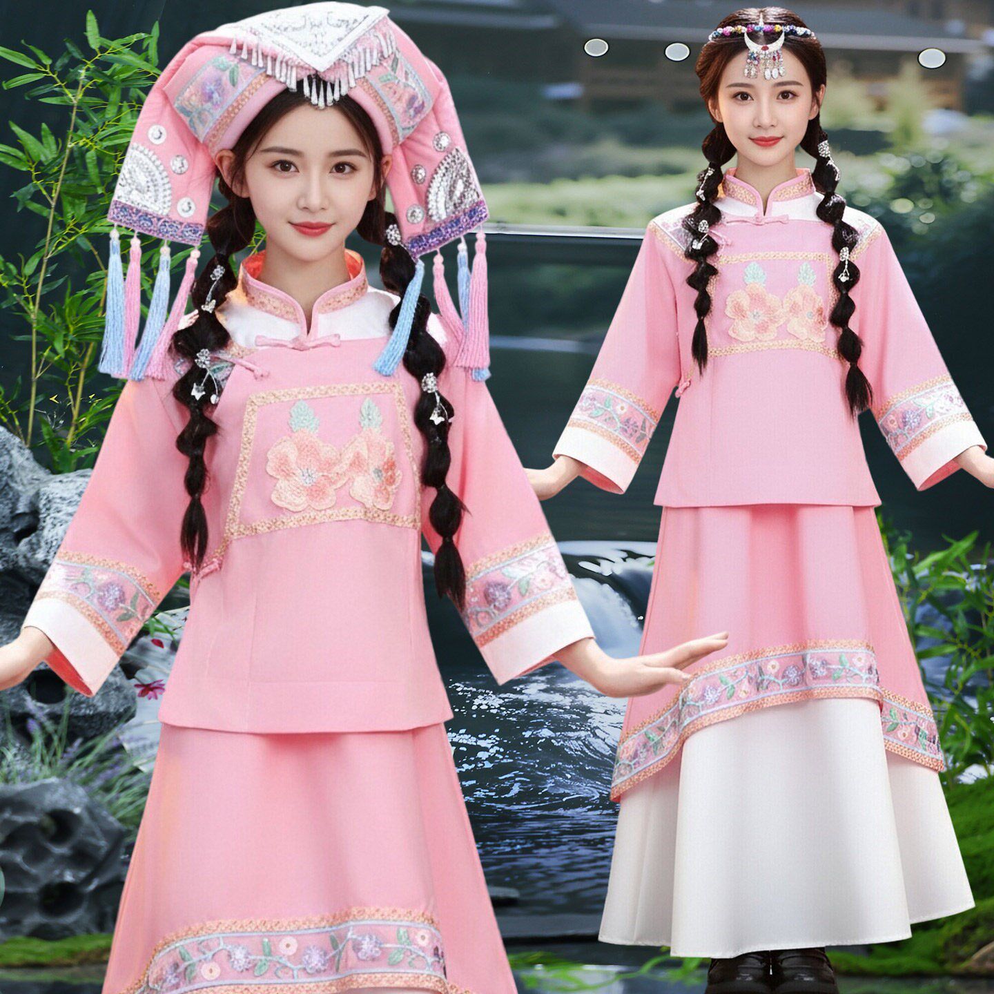 少数民族新款壮族服装女款成人长裙套装三月三侗族苗族舞蹈演出服