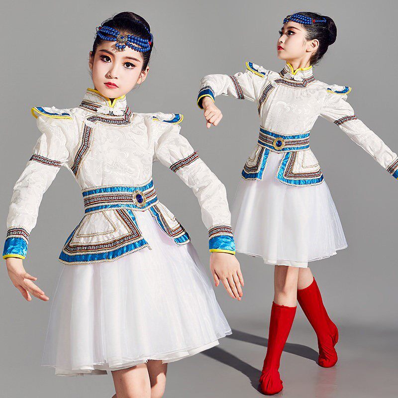 新款儿童蒙古服族白马舞蹈演出服女童蒙古服装草原筷子舞表演服