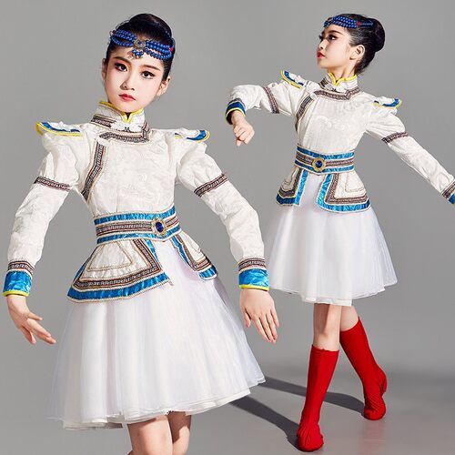新款儿童蒙古服族白马舞蹈演出服女童蒙古服装草原筷子舞表演服