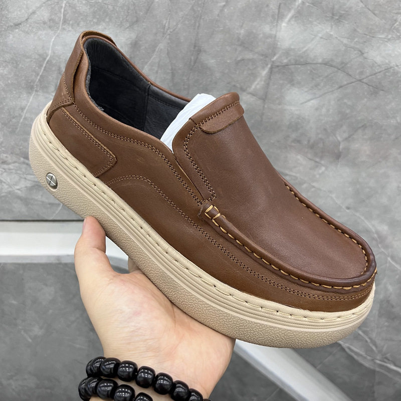 枫之时尚夏天厚底增高大头鞋一脚蹬舒适透气牛皮个性男士潮乐福鞋