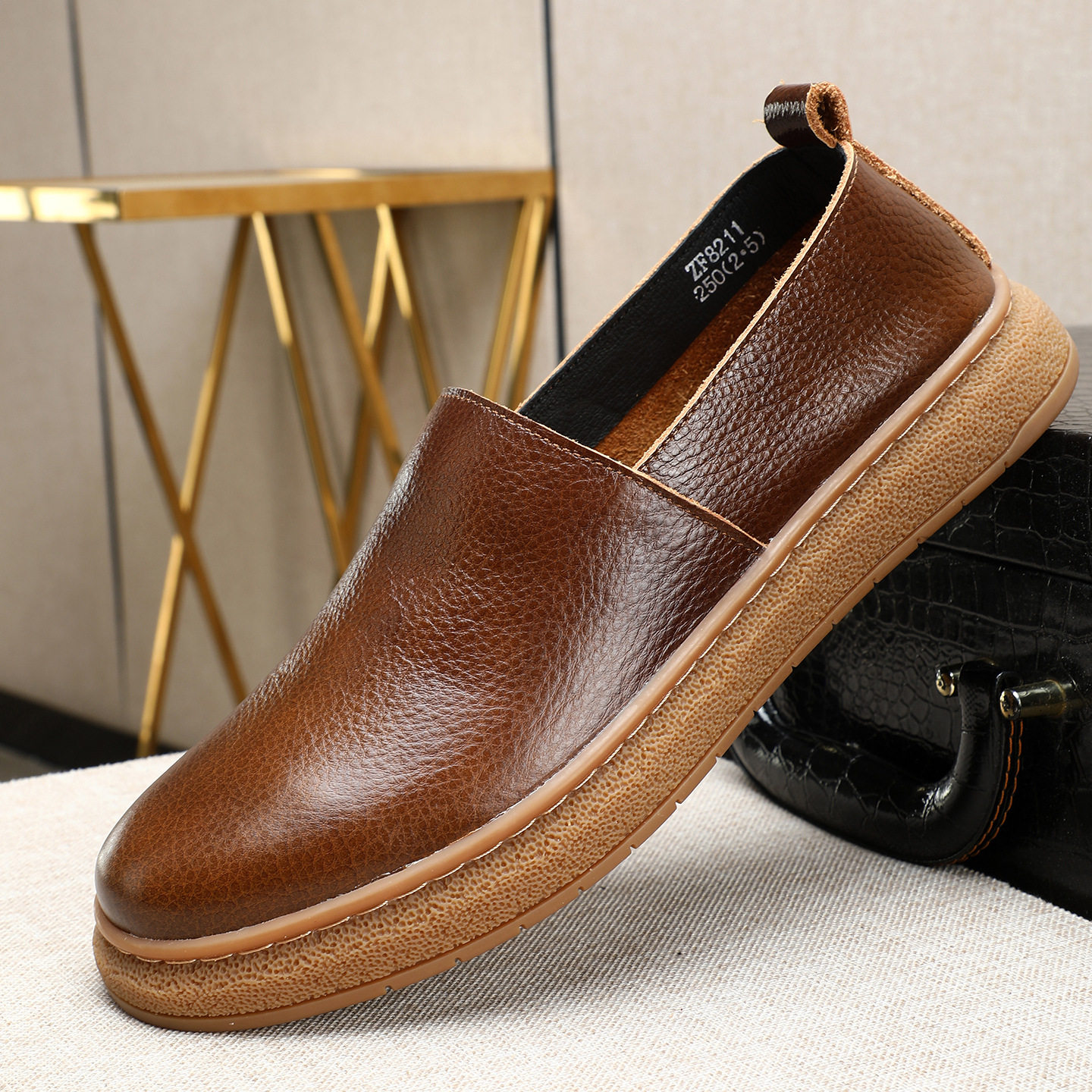 枫之时尚夏天一脚蹬休闲鞋舒适透气牛皮轻便软面软底驾车男乐福鞋