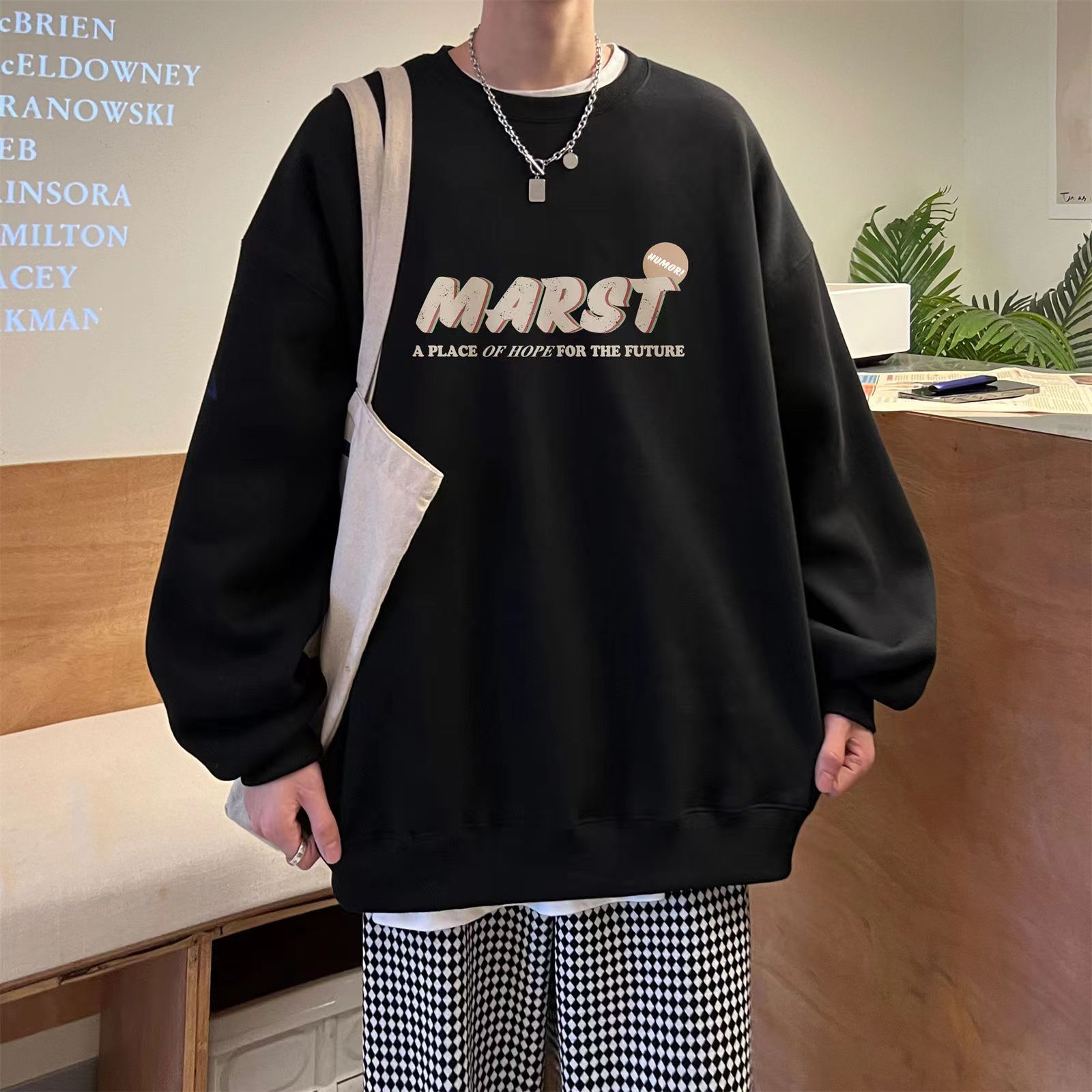 100%纯棉男士圆领卫衣宽松韩版潮流百搭帅气情侣装学生加绒加厚秋