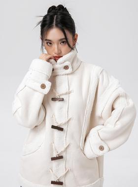 REAL SPACE复古白色木条扣妮子外套秋冬宽松休闲上衣保暖百搭