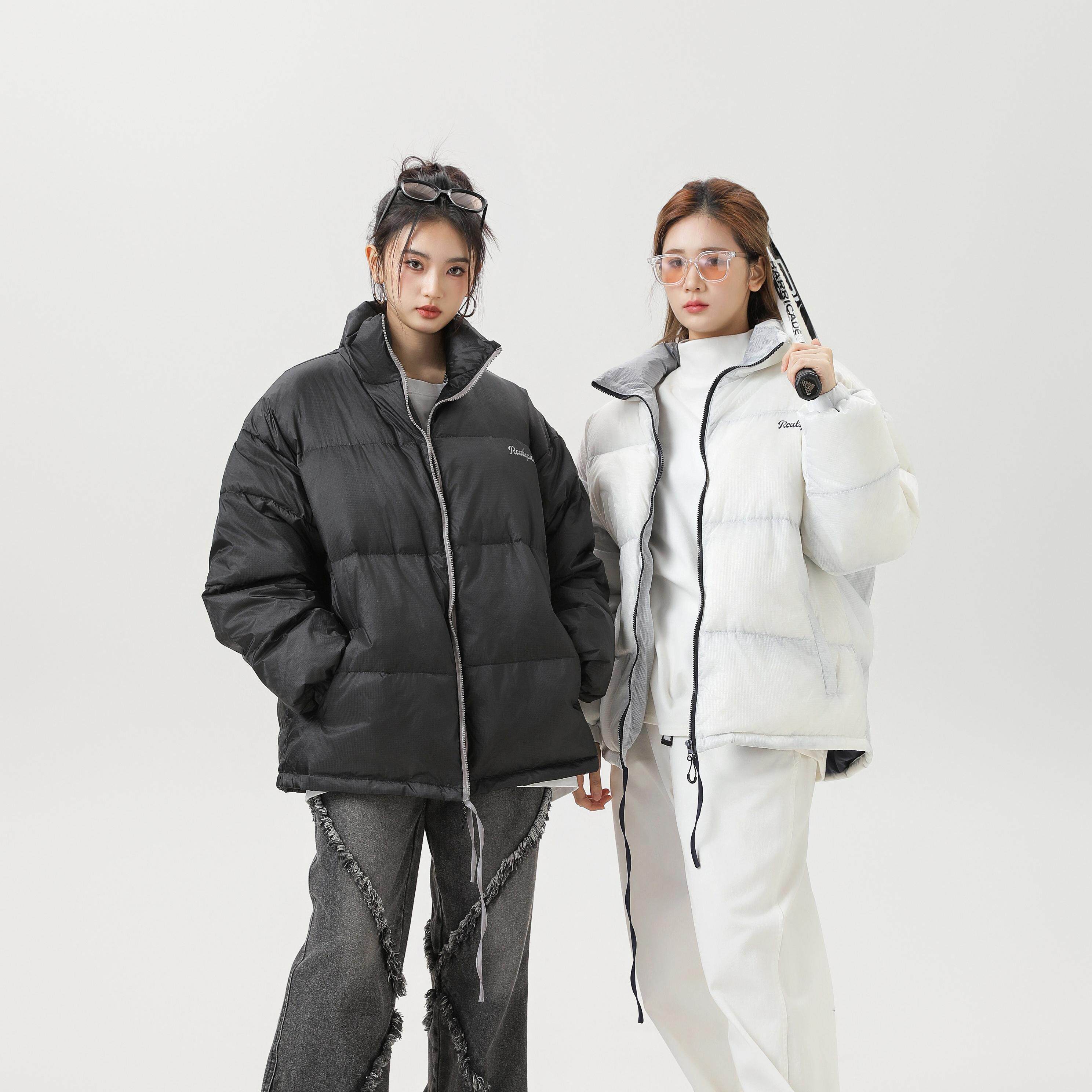 REAL SPACE美式字母印花立领羽绒服外套秋冬男女款宽松情侣白鸭绒