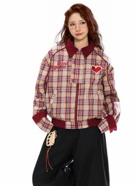REAL SPACE格子爱心刺绣小香风外套男女款春秋cleanfit版型机车风