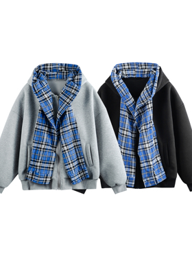 STUDIO ONE假两件围巾两穿卫衣外套转撞色格子拉链连帽宽松春秋