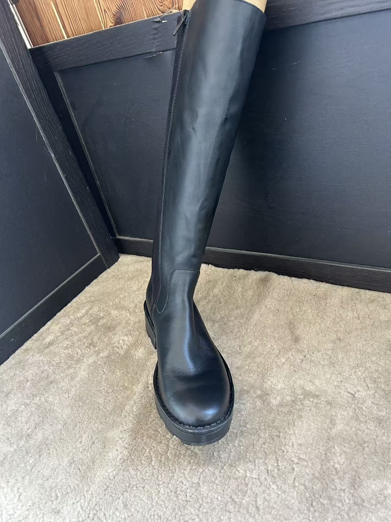 Born头层牛皮英伦风侧拉链后松紧厚底长筒靴女士长靴6 8