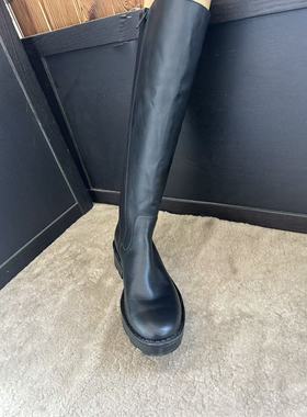 Born头层牛皮英伦风侧拉链后松紧厚底长筒靴女士长靴6 8