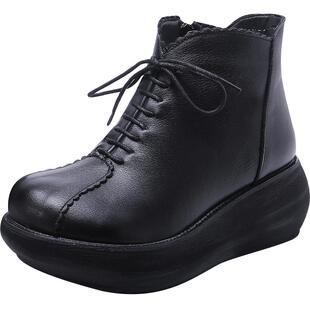 2025秋冬新款原创复古休闲牛皮厚底短靴女高跟舒适系带女鞋皮靴