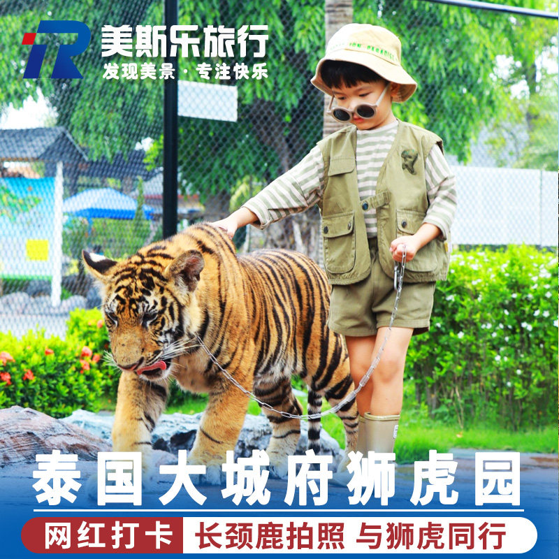 [大城动物园-门票+与长颈鹿互动+老虎互动]泰国旅游大城府动物狮子园与老虎散步长颈鹿合影拍照狮子鳄鱼表演