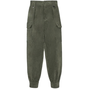 灯芯绒小脚哈伦裤女秋冬高腰复古宽松军绿色老爹裤工装束脚萝卜裤