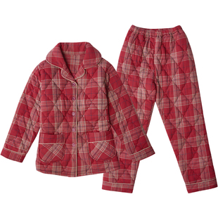圆人睡衣女士秋冬纯棉夹棉加厚红色本命年结婚大码格子家居服套装