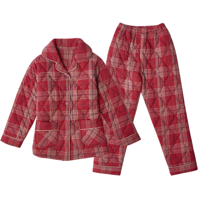 圆人夹棉简约风格子可外穿睡衣