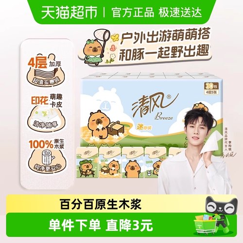 清风卡皮巴拉手帕纸4层5张30包